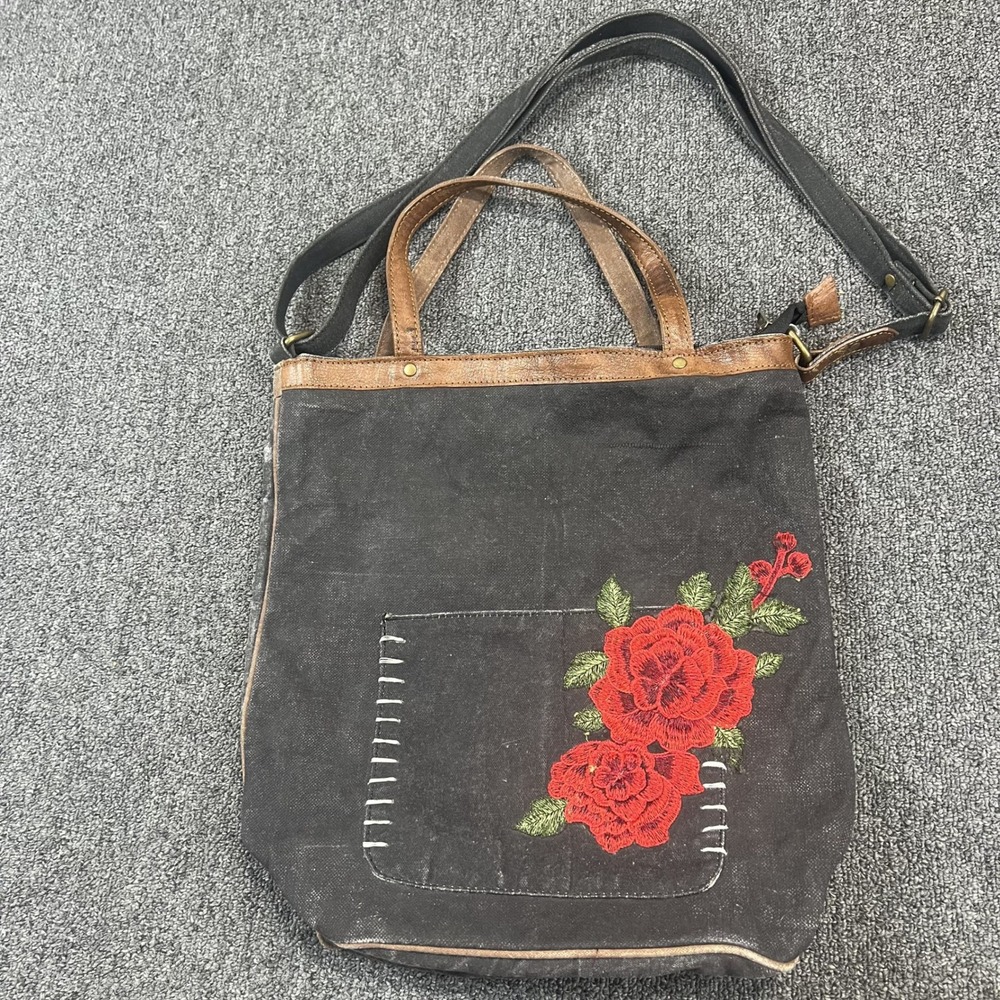 Mona B Boho Rose Embroidered Canvas Leather Trim Long Tote Crossbody Bag Black